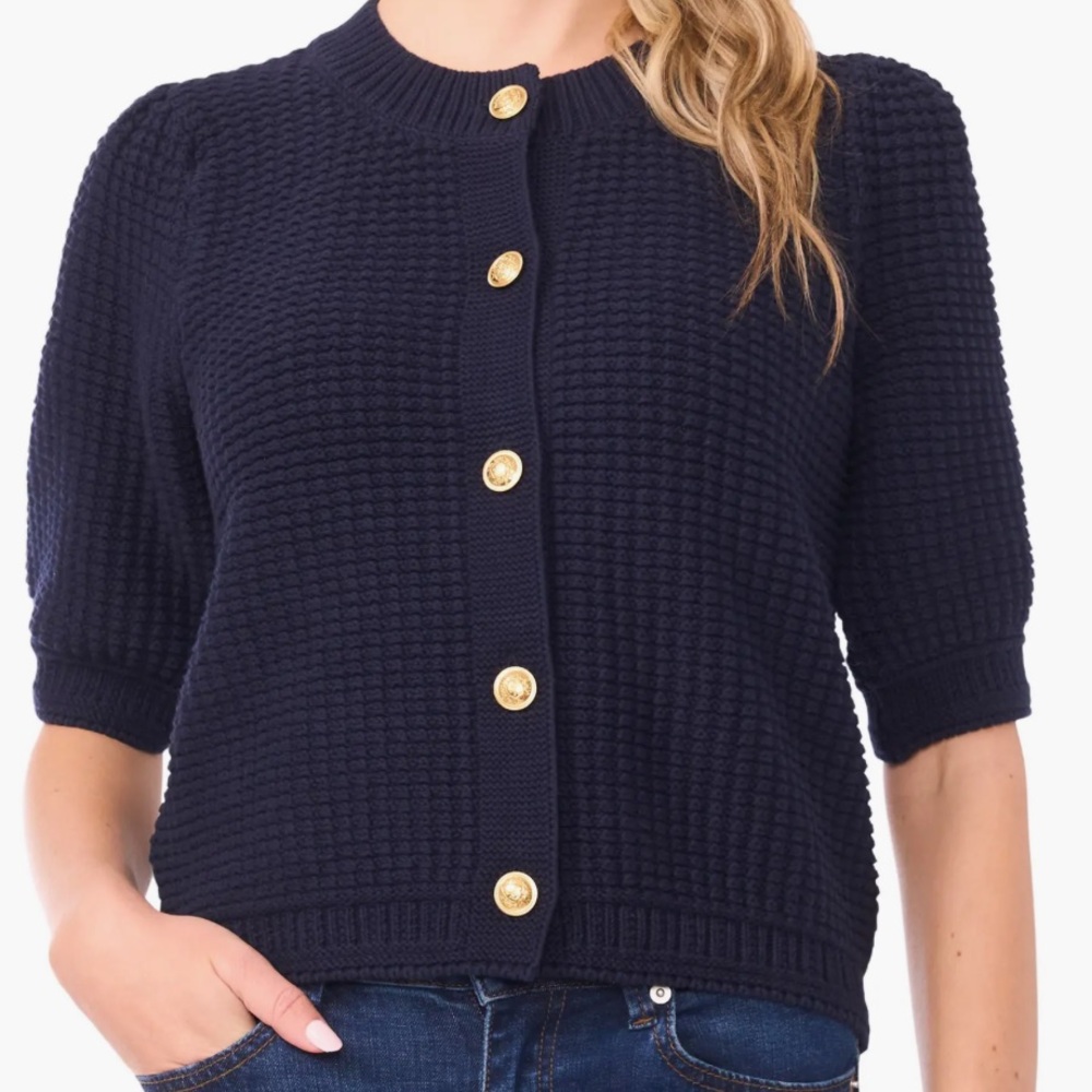 Terra & Sky Navy Short-Sleeve Button Cardigan with Gold Buttons